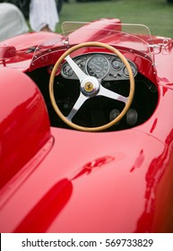 August 20th 2016 - Carmel California: Interior Shot Of A Vintage Ferrari Testarossa Showing The Iconic Steering Wheel And Guage Panel.