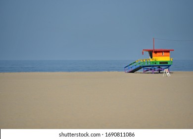 August 21, 2019. Rainbow Colors Lifeguard Watch Tower On The Sandy Venice Beach, Los Angeles California USA.