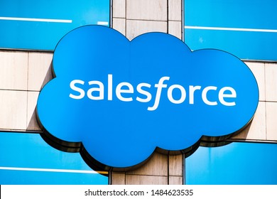 August 21, 2019 San Francisco / CA / USA - Close up of Salesforce logo displayed on one of their towers in downtown San Francisco