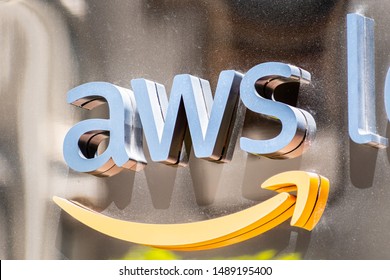 August 21, 2019 San Francisco / CA / USA - Close up of AWS sign at their offices in SOMA district; Amazon Web Services (AWS) is a subsidiary of Amazon that provides on-demand cloud computing platforms