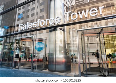 August 21, 2019 San Francisco / CA / USA - Salesforce Tower entrance; Salesforce logo visible in the lobby and reflected on the facade from the other tow nearby facades;