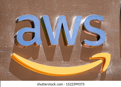 August 21, 2019 San Francisco / CA / USA - Close Up Of AWS Sign At Their Offices In SOMA District; Amazon Web Services (AWS) Is A Subsidiary Of Amazon That Provides On-demand Cloud Computing Platforms