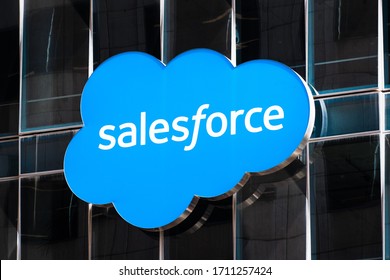 August 21, 2019 San Francisco / CA / USA - Close up of Salesforce logo displayed on one of their towers in downtown San Francisco