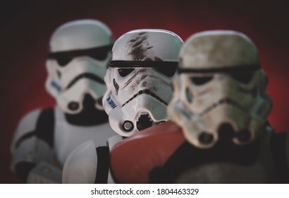 AUGUST 21 2020: Closeup of Star Wars Imperial Stormtroopers - focus on middle stormtrooper - Hasbro action figures