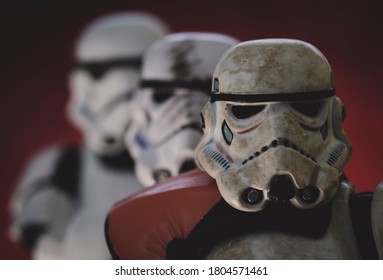 AUGUST 21 2020: Closeup of Star Wars Imperial Stormtroopers focus on front stormtrooper - Hasbro action figures