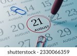 August 21st Calendar date. close up a red circle is drawn on August 21st to remember important events