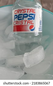 August 23 2022 - Calgary Alberta Canada - Cold Bottle Of Crystal Pepsi On Ice