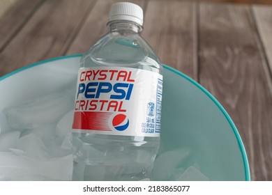 August 23 2022 - Calgary Alberta Canada - Cold Bottle Of Crystal Pepsi On Ice