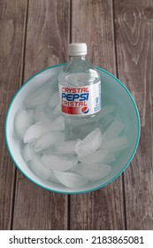 August 23 2022 - Calgary Alberta Canada - Cold Bottle Of Crystal Pepsi On Ice