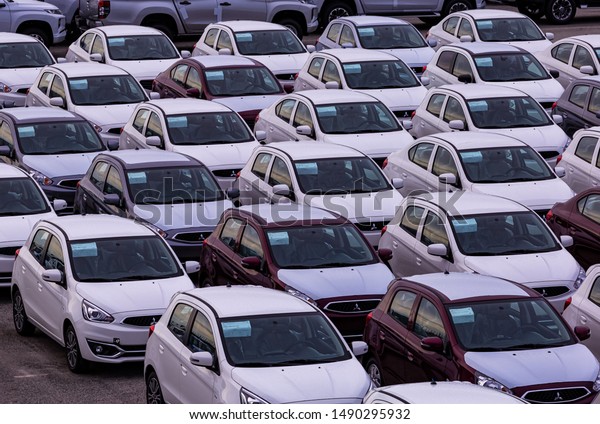 August 24, 2019 Thailand is the car production\
base of the leading companies  A lot of cars in Laem Chabang Port\
are waiting to be exported to foreign countries, Chonburi,\
Thailand\
