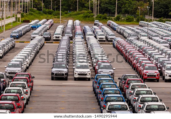 August 24, 2019 Thailand is the car production
base of the leading companies  A lot of cars in Laem Chabang Port
are waiting to be exported to foreign countries, Chonburi,
Thailand
