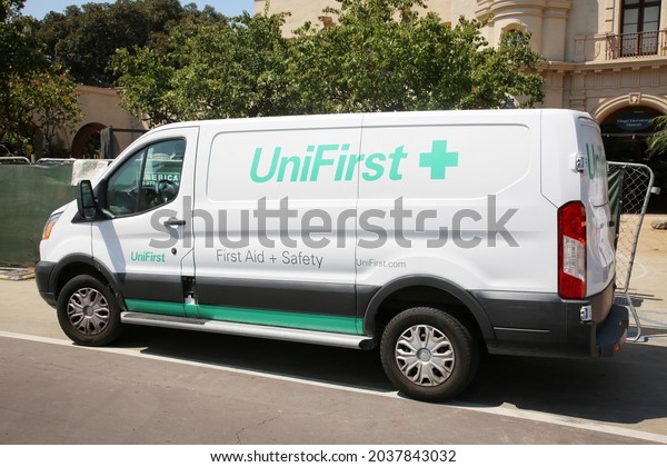August 27, 2021 San Diego, California:
UniFirst Company, First Aid supply van. A van filled with first aid
supplies delivering products to a building.
