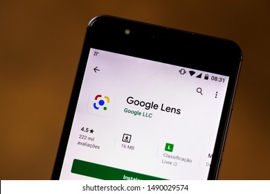 August 28, 2019, Brazil. In this photo illustration the Google Lens app is displayed on a smartphone.