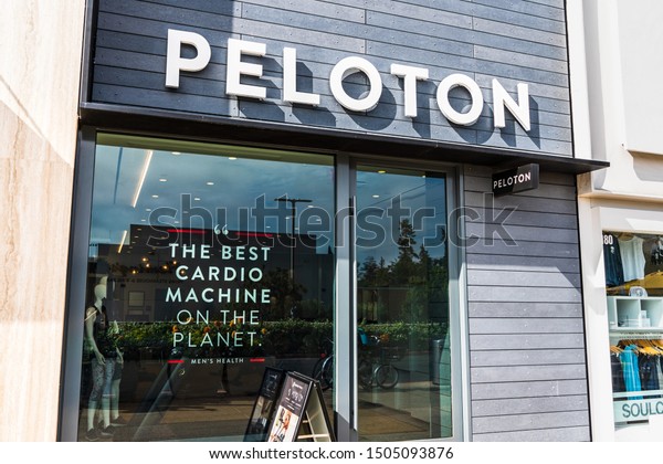 August\
28, 2019 Palo Alto / CA / USA - Peloton store in Stanford Shopping\
Center; Peloton is an American exercise equipment and media company\
whose main product is a luxury stationary\
bicycle