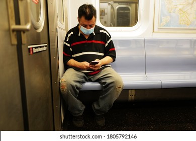 August 28, 2020, New Yorker Riding MTA Subway With Mask From Brooklyn To Manhattan Around 8pm. New York City