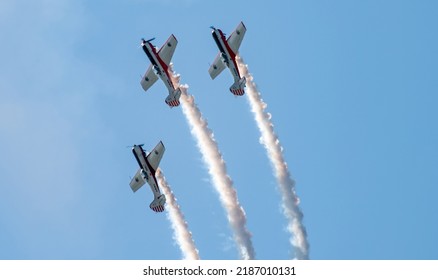 August 30, 2019, Moscow region, Russia. Yakovlev Yak-50 training aircraft of the Lithuanian aerobatic group ANBO perform aerobatics.