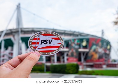 August 30, 2021, Eindhoven, Netherlands. The emblem of the PSV Eindhoven football club against the background of a modern stadium.
