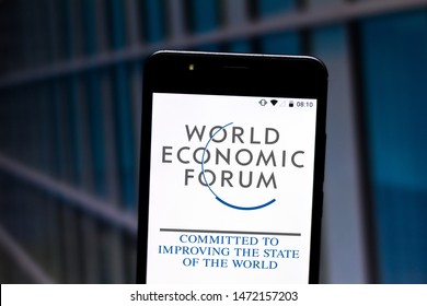 August 6, 2019, Brazil. In this photo illustration the World Economic Forum (WEF) logo is displayed on a smartphone.
