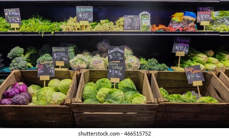 August 9, 2016 - Los Angeles, USA : Fresh Vegetable Stall Of Greengrocery In Grand Central Market, Famous Food Place In Downtown LA.