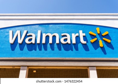 August 9, 2019 San Jose / CA / USA - Close up of Walmart logo displayed on the facade of one of their supercenters in South San Francisco bay area
