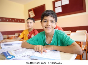  August,13, 2015. Syrian Refugee Children Studying In The Refugee Camp. Gaziantep, Turkey