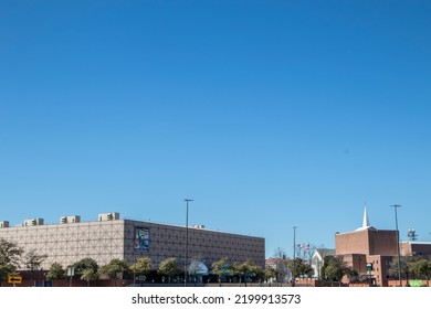 Augusta, Ga USA - 02 21 21: Downtown Augusta Ga Clear Blue Sky James Brown Arena Distant View