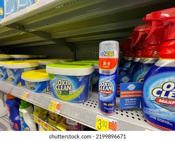 Augusta, Ga USA - 08 18 22: Walmart Grocery Store Interior OXI Clean Spray And Tubs Price Tag Tobacco Road