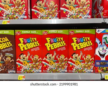 Augusta, Ga USA - 08 18 22: Walmart Grocery Store Interior Fruity Pebbles Cereal And Price Tobacco Road