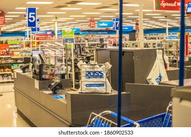 Augusta, Ga USA - 11 22 20: Ross Dress for less retail store covid-19 cashier plexiglass protectors 