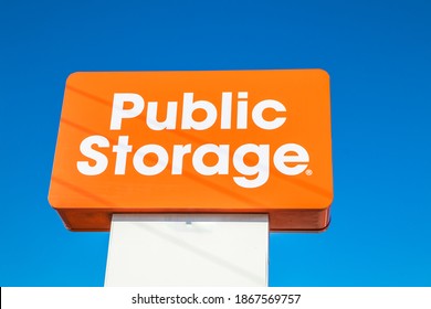 Augusta, Ga USA - 12 03 20: Orange And White Public Storage Street Sign