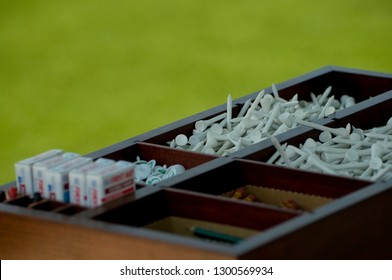 Augusta, Georgia/United States - April 2010: Golf Tee Box Essentials Located On The Grounds Of Augusta National