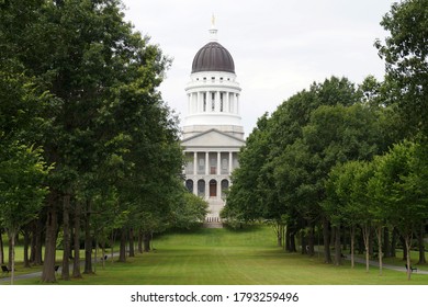 Augusta, ME, USA - July 26, 2020: Maine State House, View From The Capitol Park