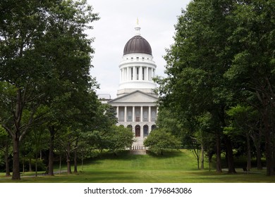 Augusta, ME, USA - July 26, 2020: Maine State House, View From The Capitol Park