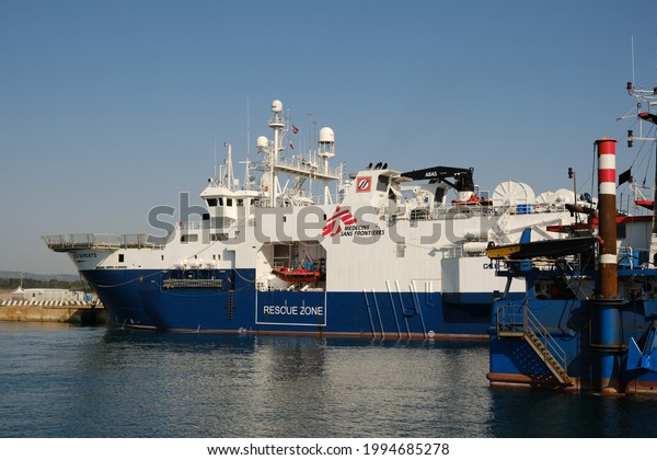 AUGUSTA, SICILY, ITALY – JUNE 18: 415\
migrants rescued by Geo Barents vessel of Doctors Without Borders\
arrived in Augusta for disembarkation on 2021 in\
Sicily.