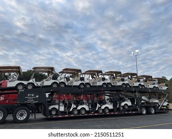AUGUSTA, UNITED STATES - Mar 28, 2022: Augusta, Ga USA - 03 30 22: Semi truck with a full load of golf carts close up