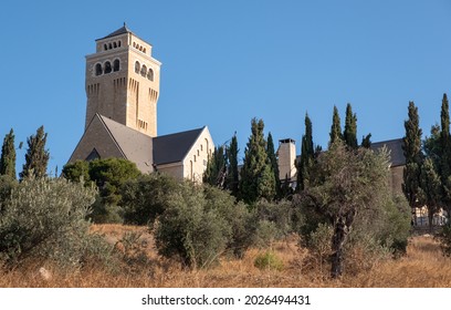 Augusta Victoria church-hospital complex on the Olives Mount, Jerusalem. German Protestant Church of the Ascension with 50 m high bell tower. Famous tourist attraction and landmark in Jerusalem.
