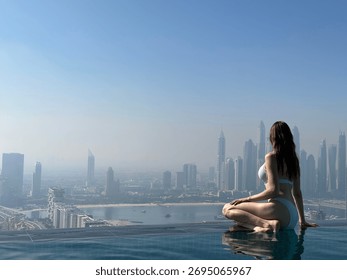 Aura skypool view, infinity pool, a woman in a bikini sits by the pool, overlooking the skyline of Dubai on a bright, sunny day