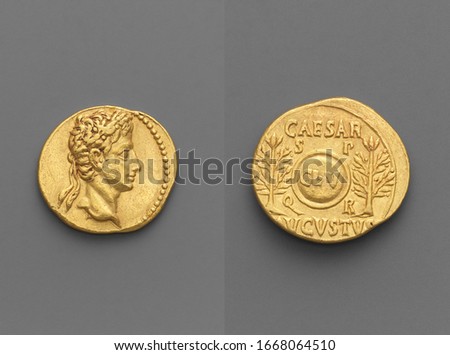 Aureus (Coin), Roman Gold aureus of Augustus, Head of Augustus, oak-wreathed