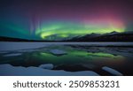 Aurora australis or Aurora borealis or Green northern lights sky above mountains. Night sky with polar lights. Night winter landscape with southern lights aurora against Real Natural black background.