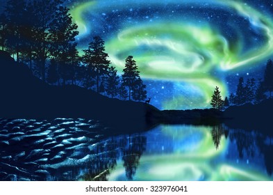 Northern Lights Aurora Borealis Dramatic Landscape Stock Illustration ...