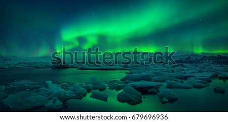 Aurora borealis above Jokulsarlon glacier lagoon, Iceland