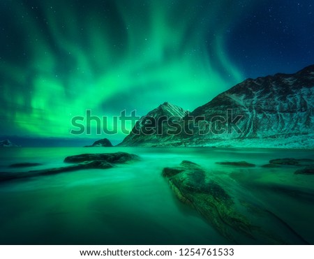 Aurora borealis above snowy mountain and sandy beach with stones. Northern lights in Lofoten islands, Norway. Starry sky with polar lights. Night winter landscape with aurora, sea with blurred water