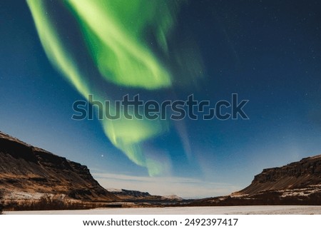 Aurora Borealis (Northern Lights) illuminating a serene, snowy landscape at night