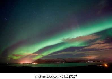 The Aurora Borealis Or The Northern Lights North Of Reykjavik In Iceland