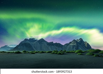 Aurora borealis Northern lights over black sand desert dunes and grassy bumps near famous Stokksnes mountains on Vestrahorn cape, Iceland. Landscape photography. Courtesy of NASA. Photo collage