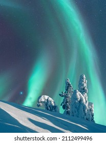 Aurora Borealis, Northern Lights, over moonlight winter landscape, spruce trees covered with hoarfrost and snow, Koli National Park, Finland - Shutterstock ID 2112499496