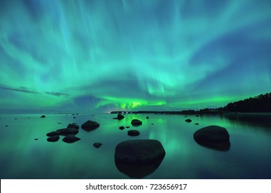 Aurora borealis northern lights over the Gulf of Finland