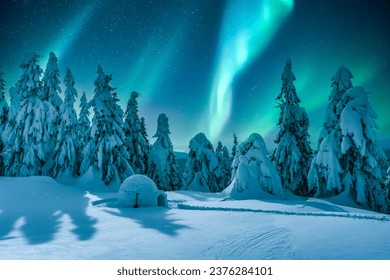 Aurora borealis. Northern lights in winter mountains. Wintry scene with glowing polar lights and snowy igloo. Christmas postcars - Powered by Shutterstock