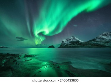 Aurora borealis over the sea, snowy mountains at starry winter night. Northern Lights in Lofoten islands, Norway. Sky with polar lights. Landscape with aurora, rocky beach, sky, reflection in water