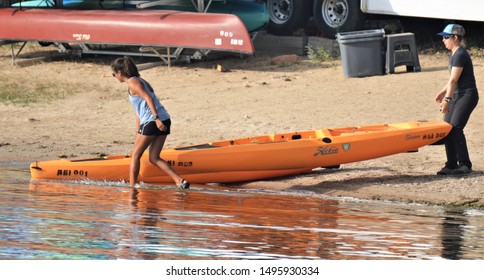 Aurora, CO, USA. Sep 2, 2019. Unidentified Boaters Putting Their Boat In The Water Cherry Creek State Park Reservoir Early In The Morning Before It Gets Crowded With Other Boats. 
